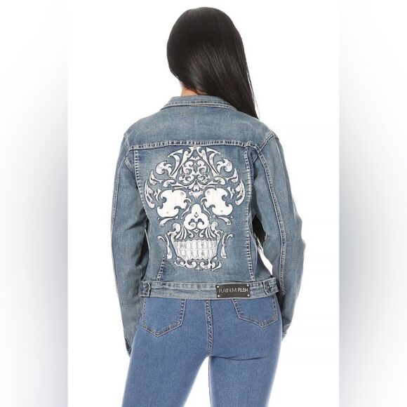Platinum Plush Rhinestone Denim Jacket with Candy Skull Design